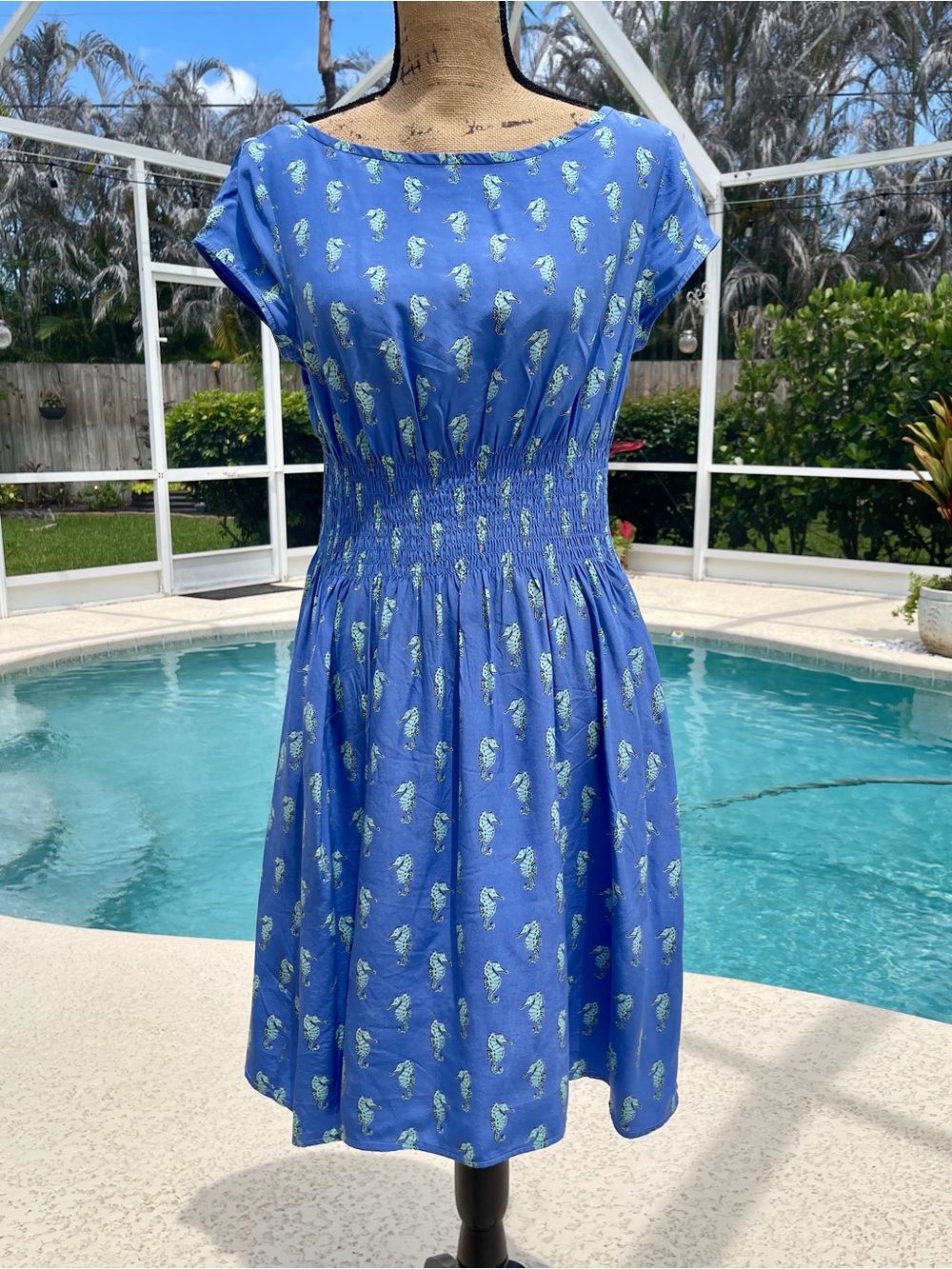 kate spade Blue Seahorse-Print Smocked Midi Dress